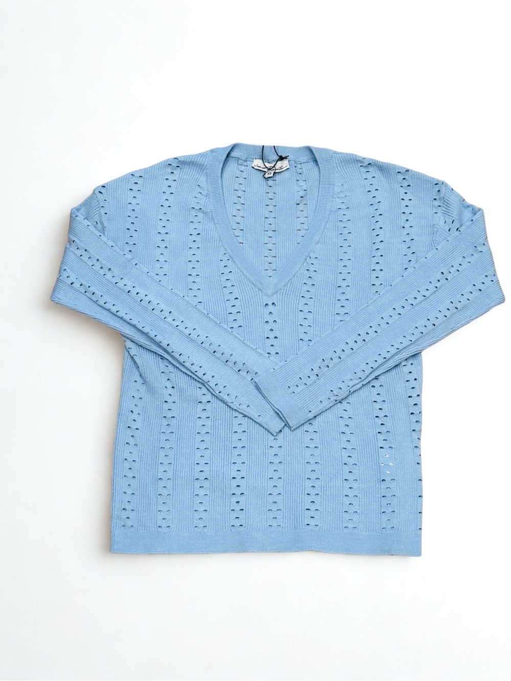NWT Red Haute Light Blue V-Neck Eyelet Pointelle Sweater, XS